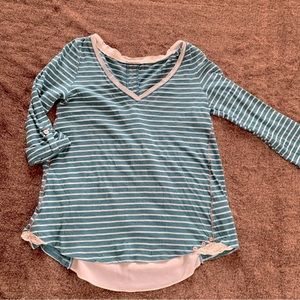 Meadow Rue Anthropologie Top Mixed Media Striped top lace inserts Small Green
